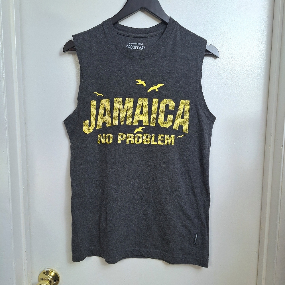 GROOVY BAY Mens Sporty Gym Tank Top Soft Comfy Gray Yellow Jamaica No Problem 62 - Picture 2 of 10